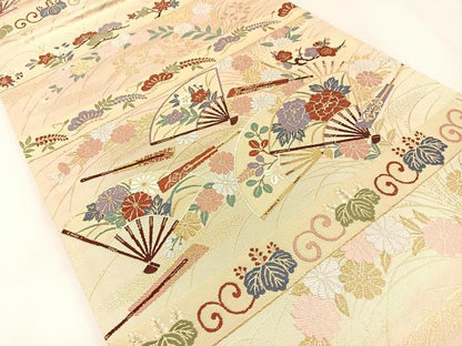 平和屋着物◎六通柄袋帯 唐織 光悦錦 シルクロード 扇面花文 金糸 正絹 逸品 未使用 BAAX6056hj