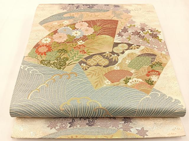 平和屋着物◎六通柄袋帯　唐織　雅峰　地紙重ね草花文　金銀糸　正絹　逸品　BAAX6058hj