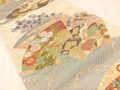 平和屋着物◎六通柄袋帯　唐織　雅峰　地紙重ね草花文　金銀糸　正絹　逸品　BAAX6058hj