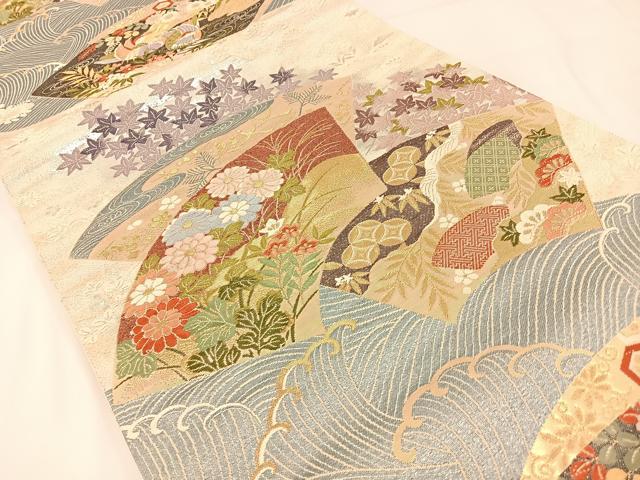 平和屋着物◎六通柄袋帯　唐織　雅峰　地紙重ね草花文　金銀糸　正絹　逸品　BAAX6058hj