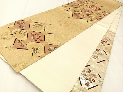 平和屋着物◎六通柄袋帯　唐織　菱天井花鳥文　金銀糸　正絹　逸品　BAAX6079hj