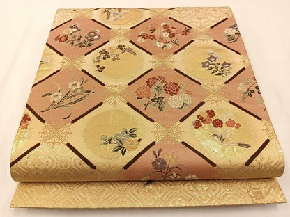 平和屋着物◎六通柄袋帯　唐織　菱天井花鳥文　金銀糸　正絹　逸品　BAAX6079hj