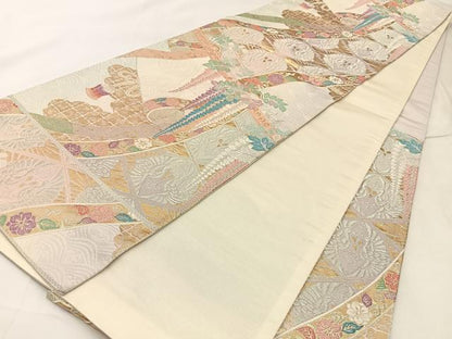 平和屋着物◎六通柄袋帯　唐織　几帳花鳥文　金銀糸　正絹　逸品　BAAX6085hj