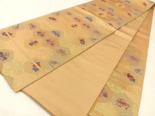 平和屋着物◎六通柄袋帯　唐織　亀甲器物文　金糸　正絹　逸品　BAAX6090hj