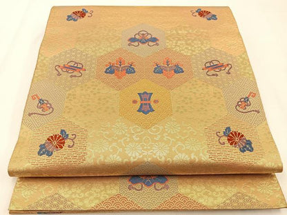 平和屋着物◎六通柄袋帯　唐織　亀甲器物文　金糸　正絹　逸品　BAAX6090hj