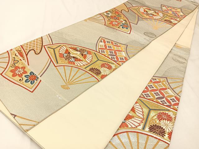 平和屋着物◎六通柄袋帯　唐織　扇面飛鶴花文　金銀糸　正絹　逸品　BAAX6092hj