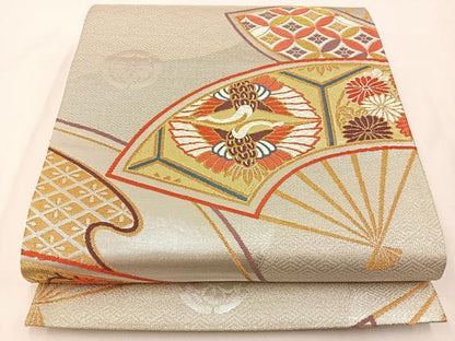 平和屋着物◎六通柄袋帯　唐織　扇面飛鶴花文　金銀糸　正絹　逸品　BAAX6092hj