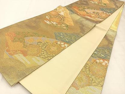 平和屋着物◎六通柄袋帯　吉祥道長文様　金糸　正絹　逸品　BAAX6094hj