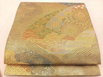 平和屋着物◎六通柄袋帯　吉祥道長文様　金糸　正絹　逸品　BAAX6094hj