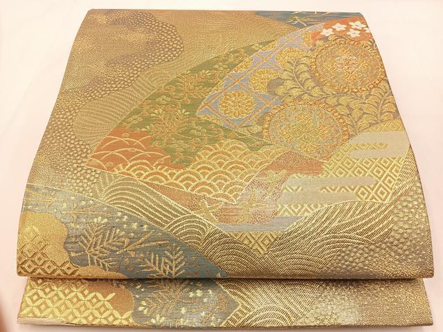 平和屋着物◎六通柄袋帯　吉祥道長文様　金糸　正絹　逸品　BAAX6094hj