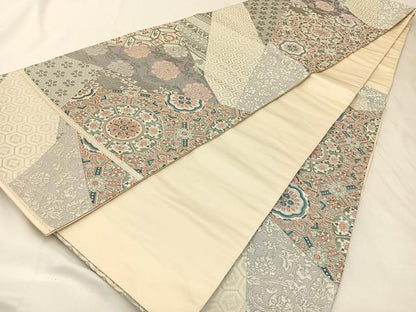 平和屋着物◎六通柄袋帯　唐織　切嵌正倉院花文　銀糸　正絹　逸品　BAAX6097hj