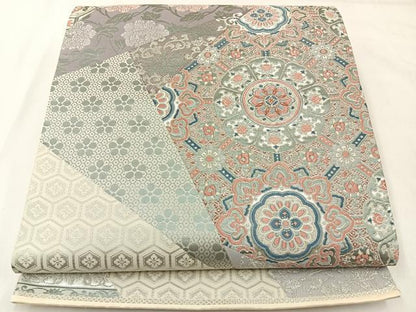 平和屋着物◎六通柄袋帯　唐織　切嵌正倉院花文　銀糸　正絹　逸品　BAAX6097hj