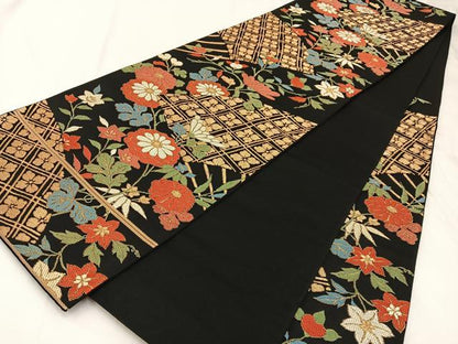 平和屋着物◎六通柄袋帯　唐織　扇面菊花文　黒地　金糸　正絹　逸品　BAAX6098hj