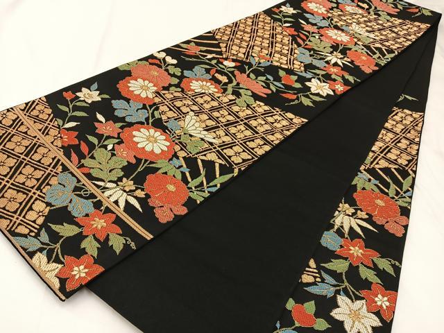 平和屋着物◎六通柄袋帯　唐織　扇面菊花文　黒地　金糸　正絹　逸品　BAAX6098hj