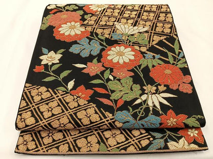 平和屋着物◎六通柄袋帯　唐織　扇面菊花文　黒地　金糸　正絹　逸品　BAAX6098hj