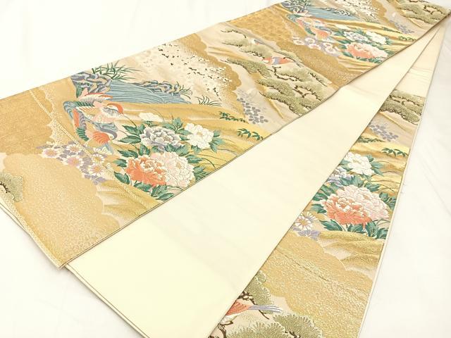 平和屋着物◎六通柄袋帯　唐織　日本屏風絵　山水四季花鳥図　伝雪舟　金糸　正絹　逸品　BAAX6102hj