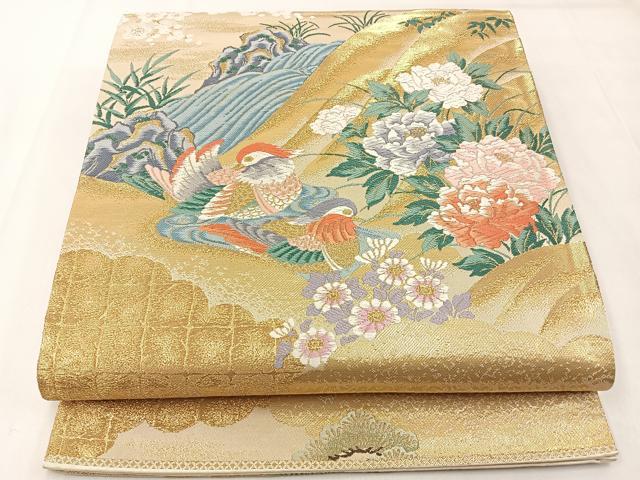 平和屋着物◎六通柄袋帯　唐織　日本屏風絵　山水四季花鳥図　伝雪舟　金糸　正絹　逸品　BAAX6102hj
