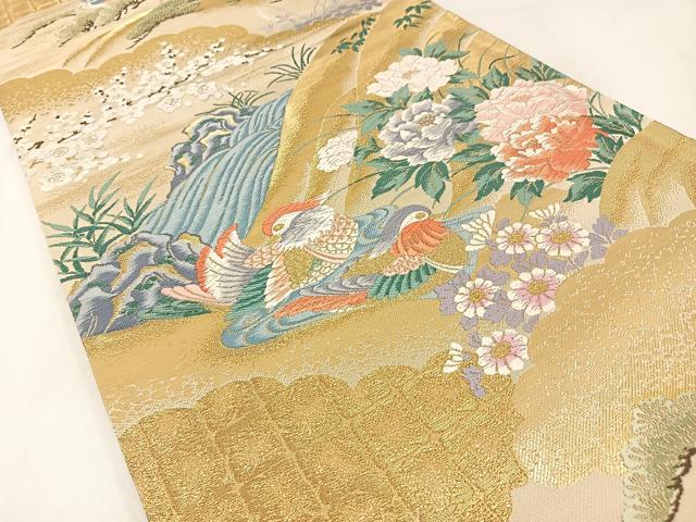 平和屋着物◎六通柄袋帯　唐織　日本屏風絵　山水四季花鳥図　伝雪舟　金糸　正絹　逸品　BAAX6102hj