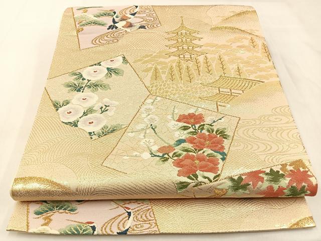 平和屋着物◎六通柄袋帯　唐織　色紙重ね風景花文　金糸　正絹　逸品　BAAX6108hj