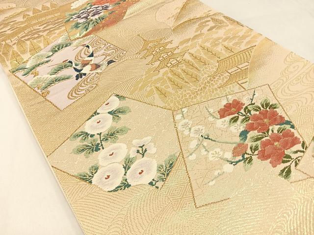平和屋着物◎六通柄袋帯　唐織　色紙重ね風景花文　金糸　正絹　逸品　BAAX6108hj