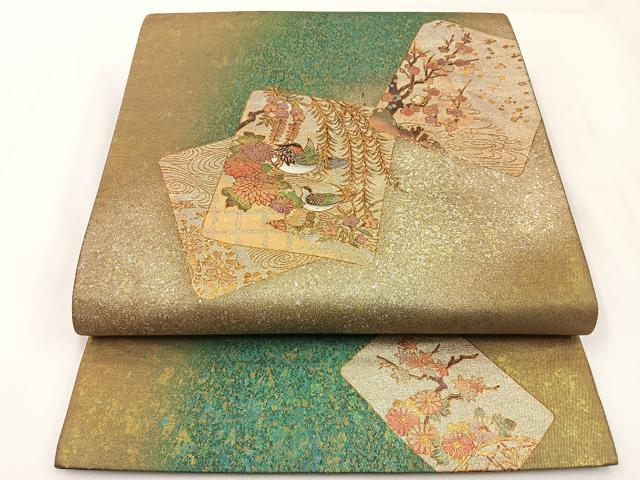 平和屋着物◎太鼓柄袋帯　色紙重ね花鳥文　金銀彩　引箔　正絹　逸品　BAAX6125hj