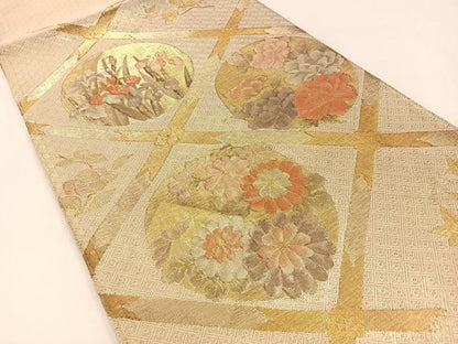 平和屋着物◎佐賀錦　太鼓柄袋帯　菱天井花丸文　金糸　正絹　逸品　BAAX6133hj