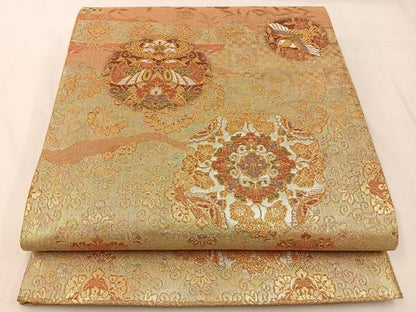 平和屋着物◎六通柄袋帯　幻甦織　向かい鳥花蝶文　金銀糸　正絹　逸品　BAAX6136hj