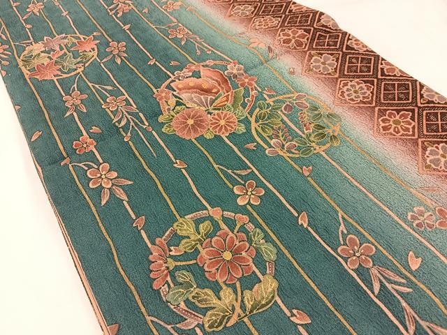 平和屋着物◎全通柄袋帯　創作帯　結幡　花蝶文　金彩　正絹　逸品　BAAX6143hj