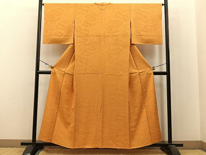 平和屋着物▽上質な色無地　単衣　雲重ね地紋　金茶色　正絹　逸品　BAAX6162hj