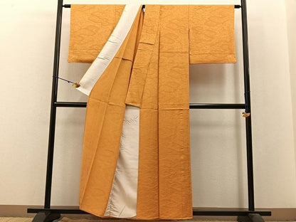 平和屋着物▽上質な色無地　単衣　雲重ね地紋　金茶色　正絹　逸品　BAAX6162hj