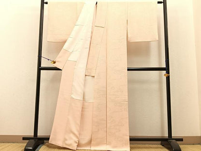 平和屋着物●上質な色無地　鹿の子流水地紋　肌色　正絹　逸品　BAAX6164hj