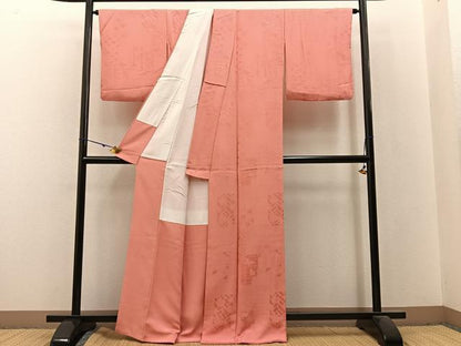 平和屋着物●上質な色無地　花蝶地紋　甚三紅色　正絹　逸品　BAAX6170hj
