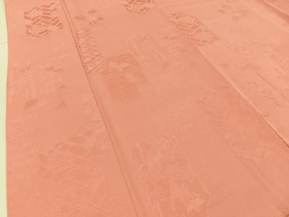 平和屋着物●上質な色無地　花蝶地紋　甚三紅色　正絹　逸品　BAAX6170hj