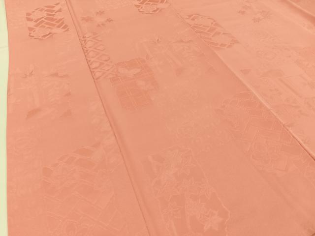 平和屋着物●上質な色無地　花蝶地紋　甚三紅色　正絹　逸品　BAAX6170hj