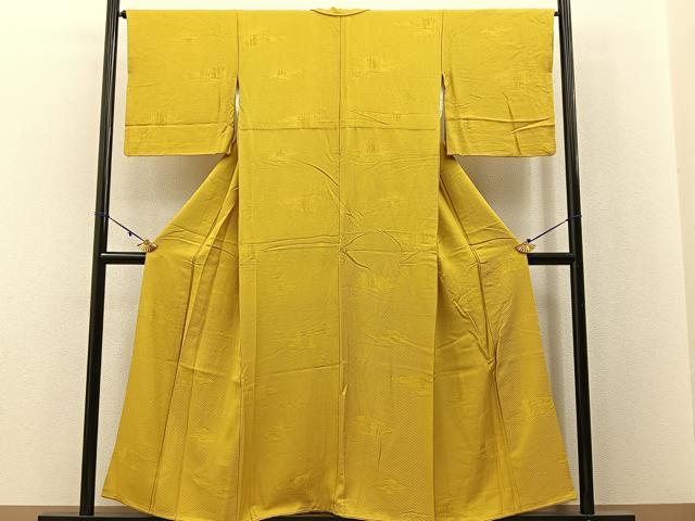 平和屋着物■上質な色無地 色紙重ね地紋 藤黄色 正絹 逸品 BAAX6181hj