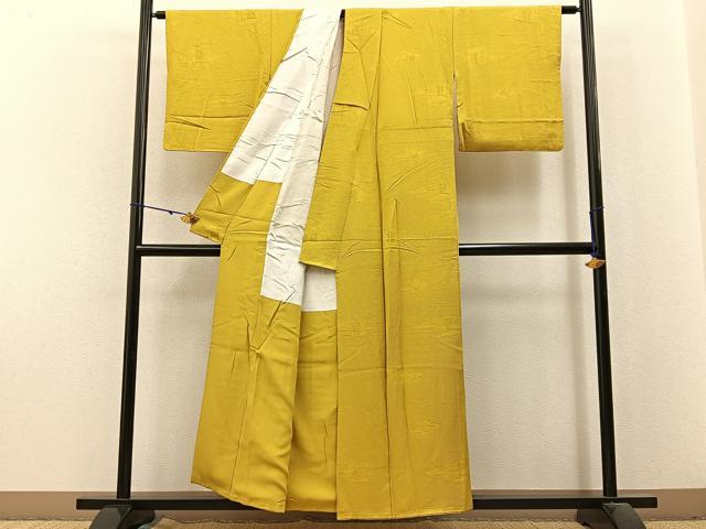 平和屋着物■上質な色無地 色紙重ね地紋 藤黄色 正絹 逸品 BAAX6181hj