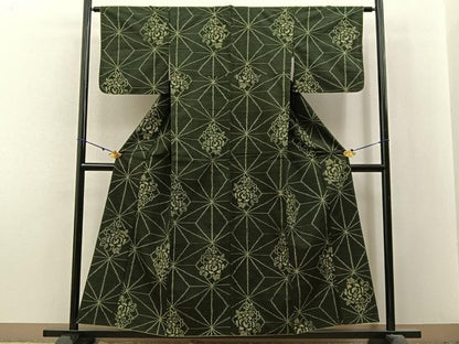 平和屋着物■上質な紬 麻の葉花文 正絹 逸品 BAAX6198hj