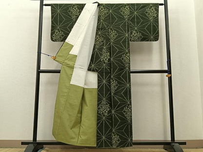 平和屋着物■上質な紬 麻の葉花文 正絹 逸品 BAAX6198hj