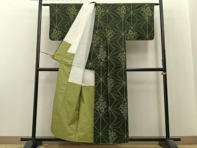 平和屋着物■上質な紬 麻の葉花文 正絹 逸品 BAAX6198hj