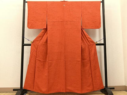 平和屋着物■上質な色無地 雪芝花地紋 紅緋色 正絹 逸品 BAAX6206hj