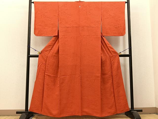 平和屋着物■上質な色無地 雪芝花地紋 紅緋色 正絹 逸品 BAAX6206hj