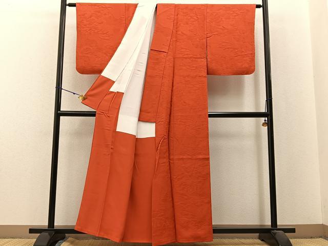 平和屋着物■上質な色無地 雪芝花地紋 紅緋色 正絹 逸品 BAAX6206hj