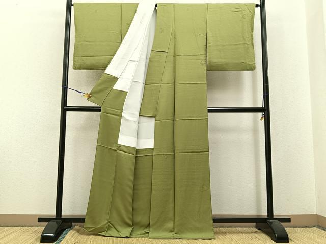 平和屋着物●上質な色無地　草花地紋　抹茶色　正絹　逸品　BAAX6234hj