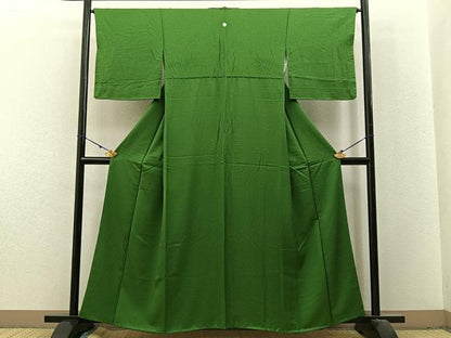 平和屋着物■上質な色無地 切嵌地紋 草色 正絹 逸品 BAAX6239hj