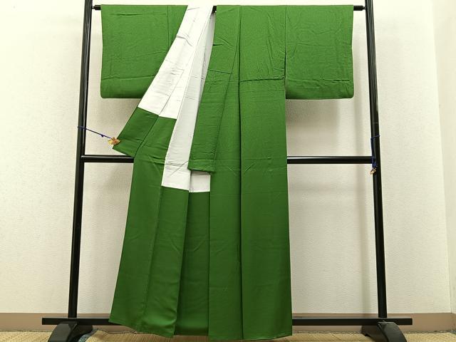 平和屋着物■上質な色無地 切嵌地紋 草色 正絹 逸品 BAAX6239hj