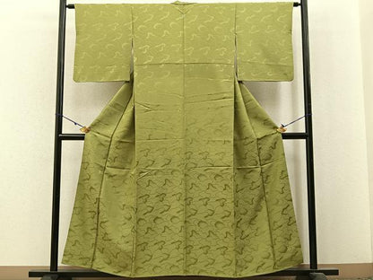 平和屋着物■上質な色無地 雲重ね地紋 青朽葉色 正絹 逸品 BAAX6256hj