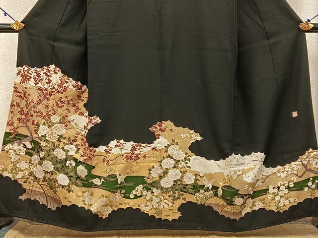 平和屋着物■豪華黒留袖　作家物　駒刺繍　流水花鳥文　金彩　正絹　逸品　BAAX6274hj
