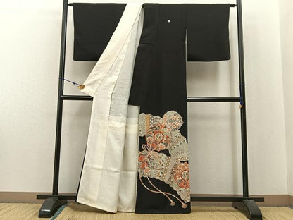 平和屋着物■豪華黒留袖 駒刺繍 鏡裏花鳥文 金彩 正絹 逸品 BAAX6275hj