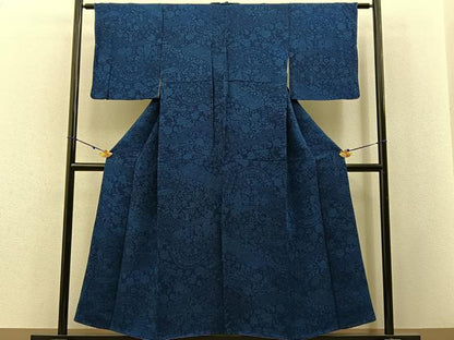 平和屋着物■上質な小紋　作家物　本藍　更紗花鳥文　鬼しぼ縮緬　正絹　逸品　BAAX6279hj