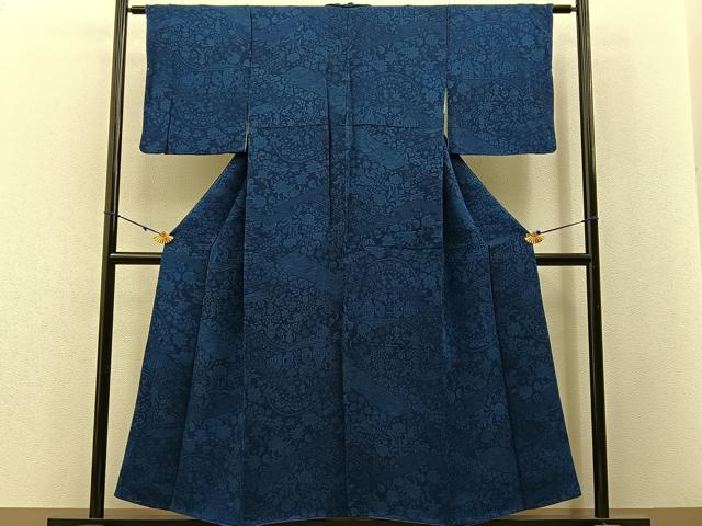 平和屋着物■上質な小紋　作家物　本藍　更紗花鳥文　鬼しぼ縮緬　正絹　逸品　BAAX6279hj
